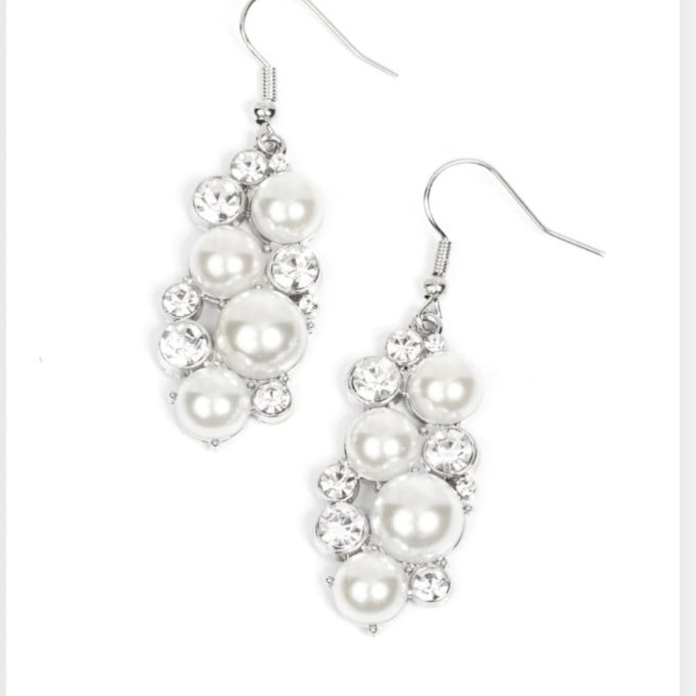 Paparazzi Silver and White Pearl Drop Earrings Fond of Baubles Fashion Jewelry